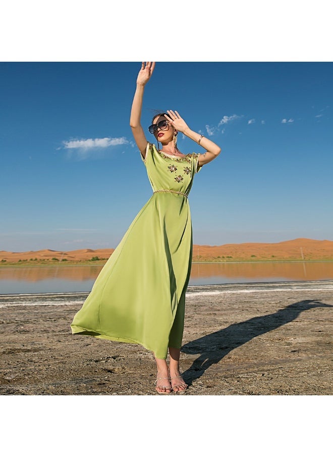 Madam Uniq Emerald Green Silk Satin Hand-Embroidered Short Sleeve Vintage Dress for Elegant Ladies  - Image 4