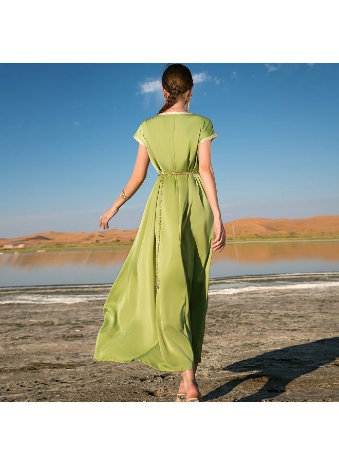 Madam Uniq Emerald Green Silk Satin Hand-Embroidered Short Sleeve Vintage Dress for Elegant Ladies  - Image 2