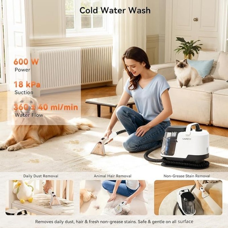 Portable carpet upholstery cleaner for sofa, car, kitchen: 100C steam, 60C hot water, 18000Pa suction, tough stain removal, 1-year warranty - Image 2
