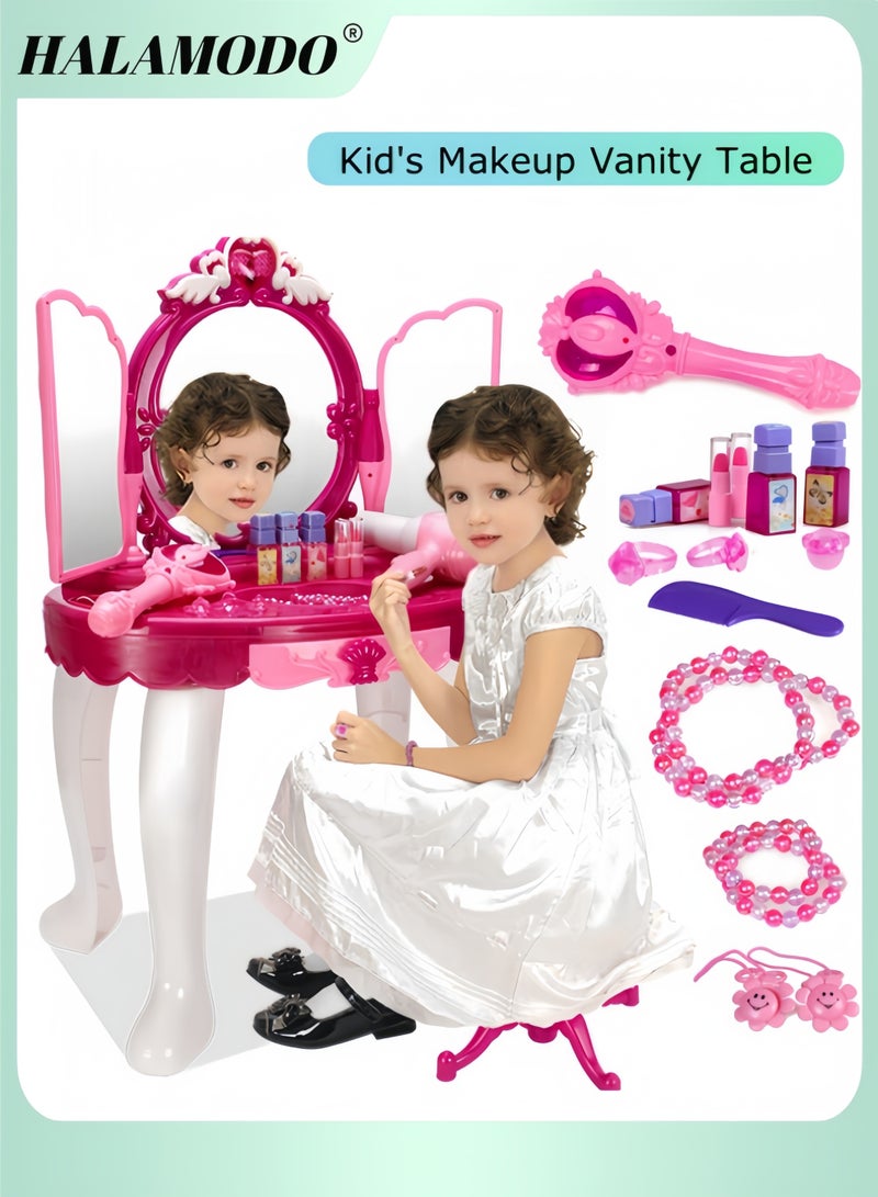 HALAMODO Kids Makeup Table with Mirror and Chair Princess Play Set Makeup Vanity Table with Make-Up Accessories Beauty Set for Toddler Girls  - Image 1