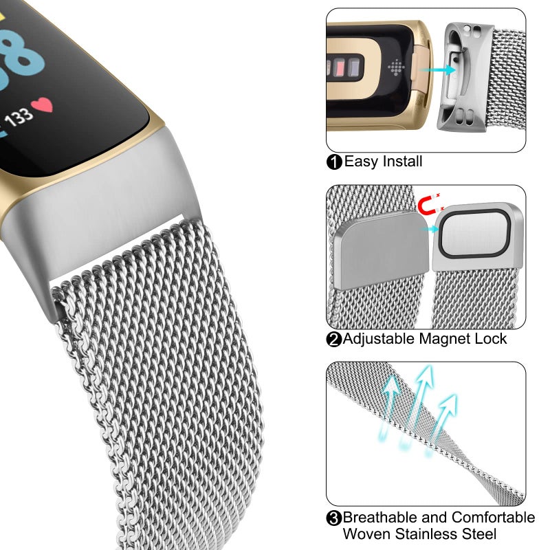 Vanjua for Fitbit Charge 6 Bands Women Men, Stainless Steel Metal Mesh Loop Adjustable Wristband Replacement Strap Compatible with Fitbit Charge 6 Fitness Tracker (Silver) - Image 4