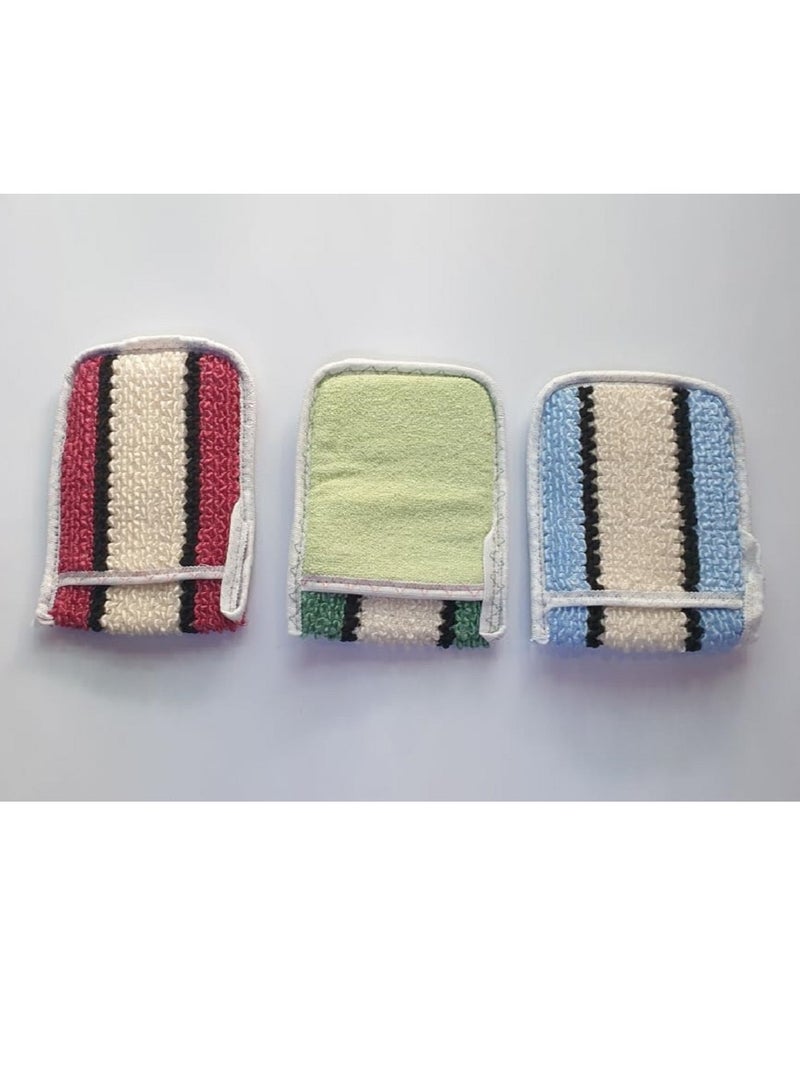 إسكدنيا قفاز تدليك الجسم ليفة صناعية ملونة لطيفة على البشرة هي الخيار الأفضل لتنظيف وتقشير وتفتيح المناطق الداكنة في الجسم محموعة من 3 قطع متعددة الالوان - Image 1