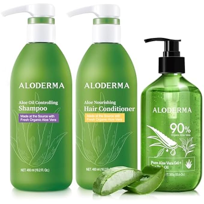 Aloderma Aloe Hair & Body Care Set: Oil Controlling Shampoo, Nourishing Conditioner, 300g Aloe Vera Gel+Tea Tree Oil