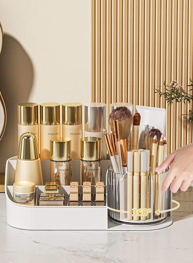 MLADEN 360 Rotating Makeup Organizer Large Capacity Makeup Storage Box with Brush Holder Multi-functional Cosmetics Jewelry Storage Box Desktop Dressing Table - Image 4
