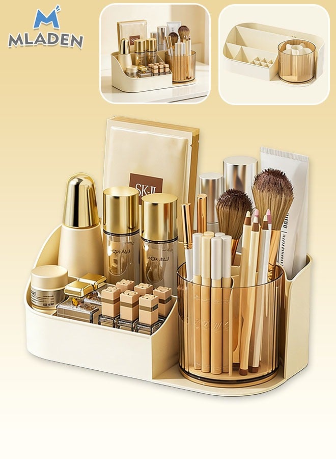 MLADEN 360 Rotating Makeup Organizer Large Capacity Makeup Storage Box with Brush Holder Multi-functional Cosmetics Jewelry Storage Box Desktop Dressing Table - Image 1