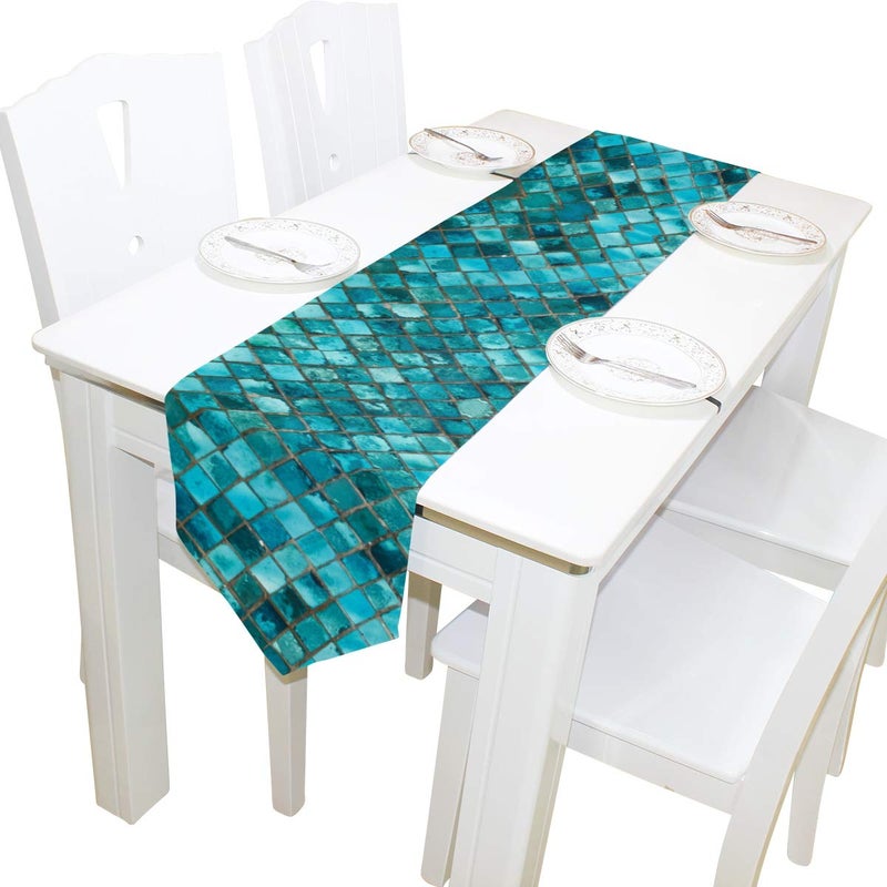 WOOR DoubleSided Teal Turquoise Blue Print Table Runner 13 x 70 Inches LongTable Cloth Runner for Wedding Party Holiday Kitchen Dining Home Everyday Decor