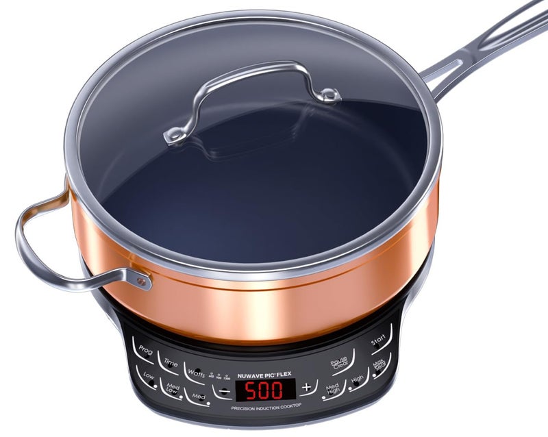 Nuwave Flex Precision Induction Cooktop 1025 ShatterProof Ceramic Glass 65 Heating Coil 45 Temps 100F to 500F 4Qt InductionReady Healthy Ceramic NonStick Everyday Pan with Lid Included