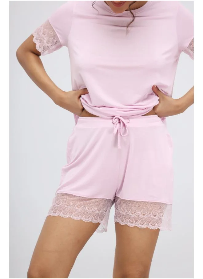 نسيسير Soft Pink Lace Modal Shorts Set