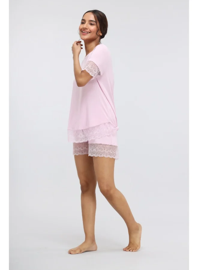 NeceSera Soft Pink Lace Modal Shorts Set