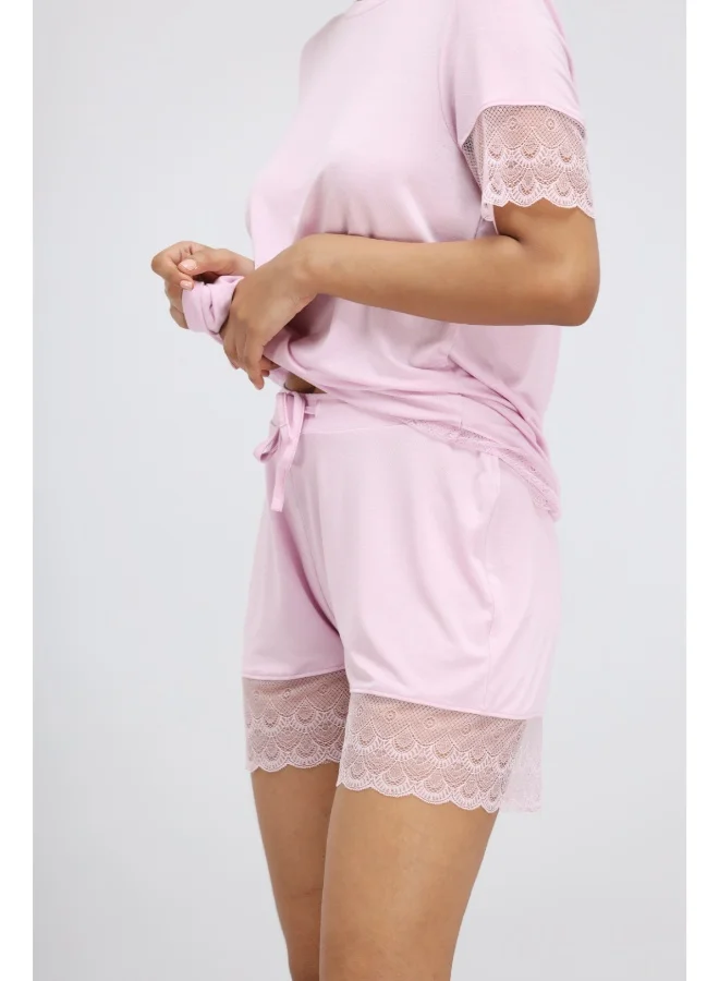 NeceSera Soft Pink Lace Modal Shorts Set