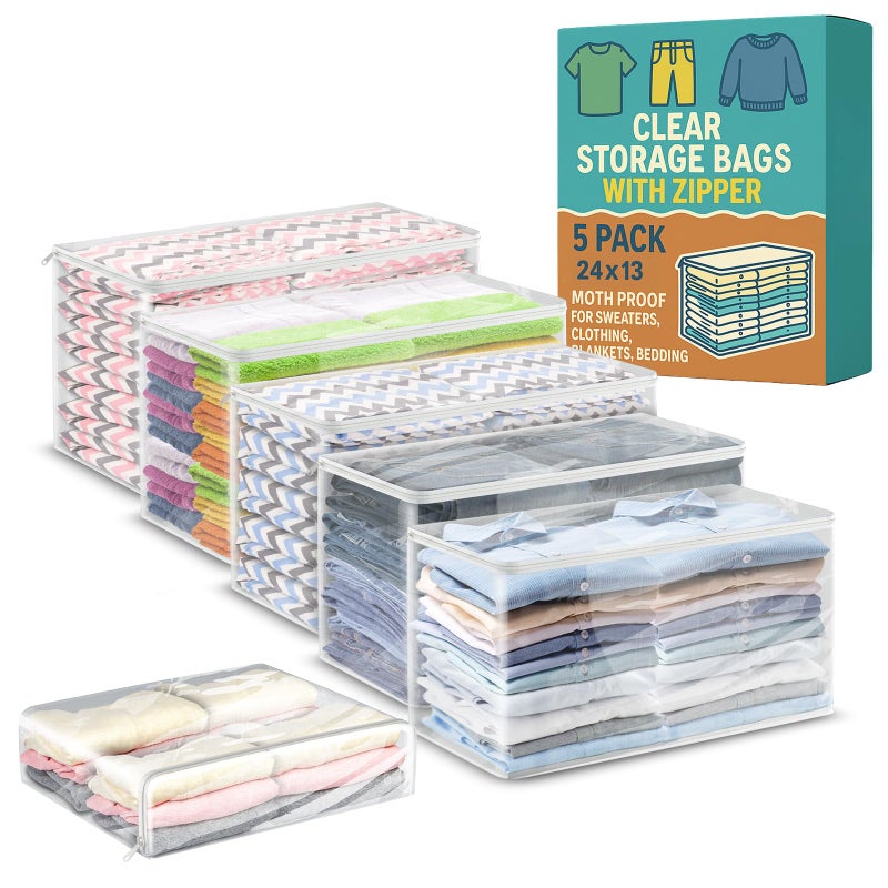 Houseables Clothes Storage Bag, Sweater Bags Moth Proof, Moth Proof Sweater Storage, Clear Zipper Organizer, Vinyl Zippered Plastic Protection, Blanket, Linen, Clothing, Quilt, Bed Sheet, 24x13, 5 PK - Image 1