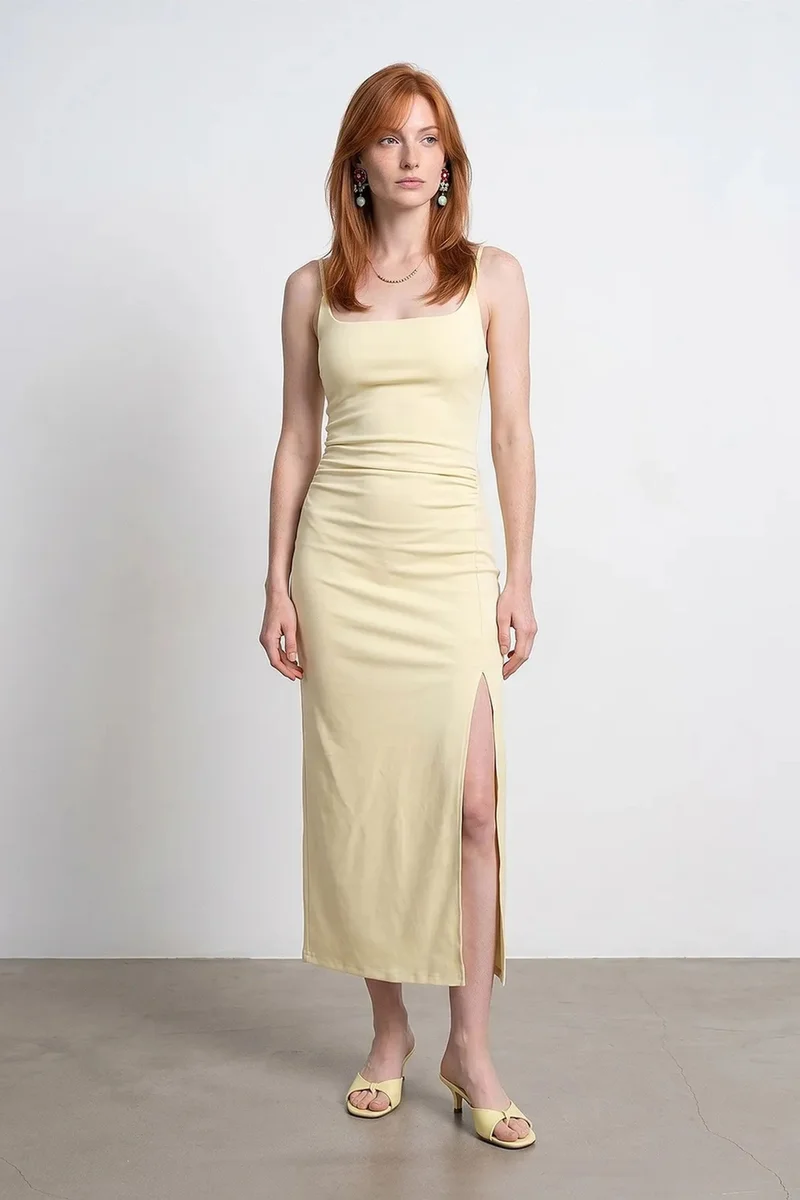 Dilvin Lemon Yellow DILVIN Women’s Sleeveless Bodycon Midi Dress for Women | Best Price UAE