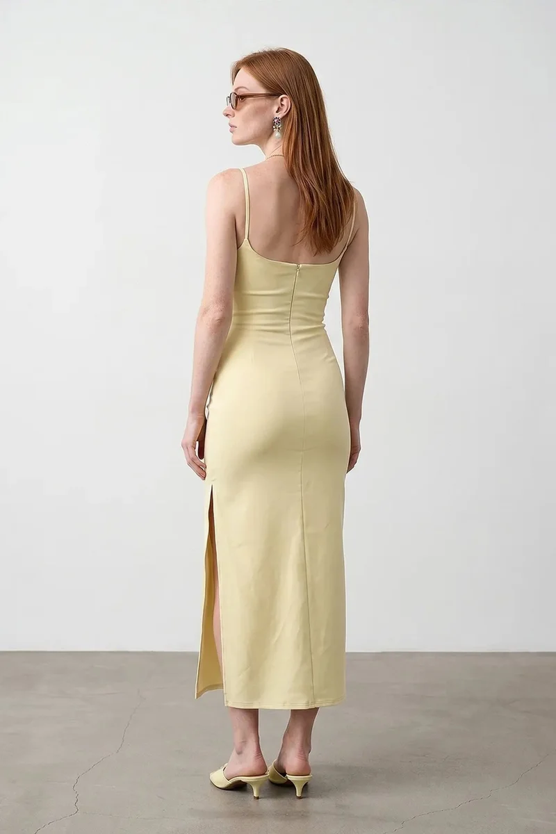 Dilvin Lemon Yellow DILVIN Women’s Sleeveless Bodycon Midi Dress for Women | Best Price UAE