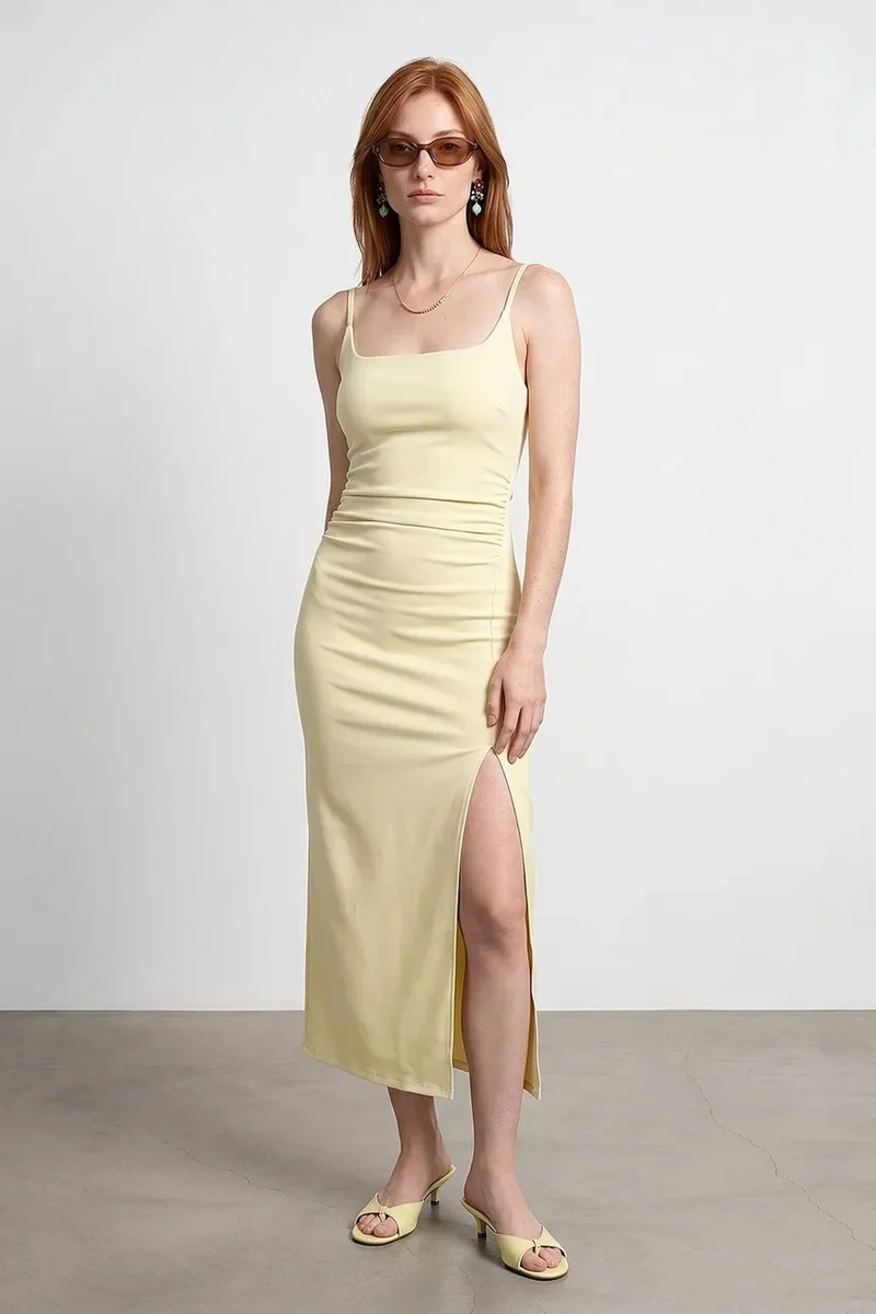 Dilvin Lemon Yellow DILVIN Women’s Sleeveless Bodycon Midi Dress for Women | Best Price UAE