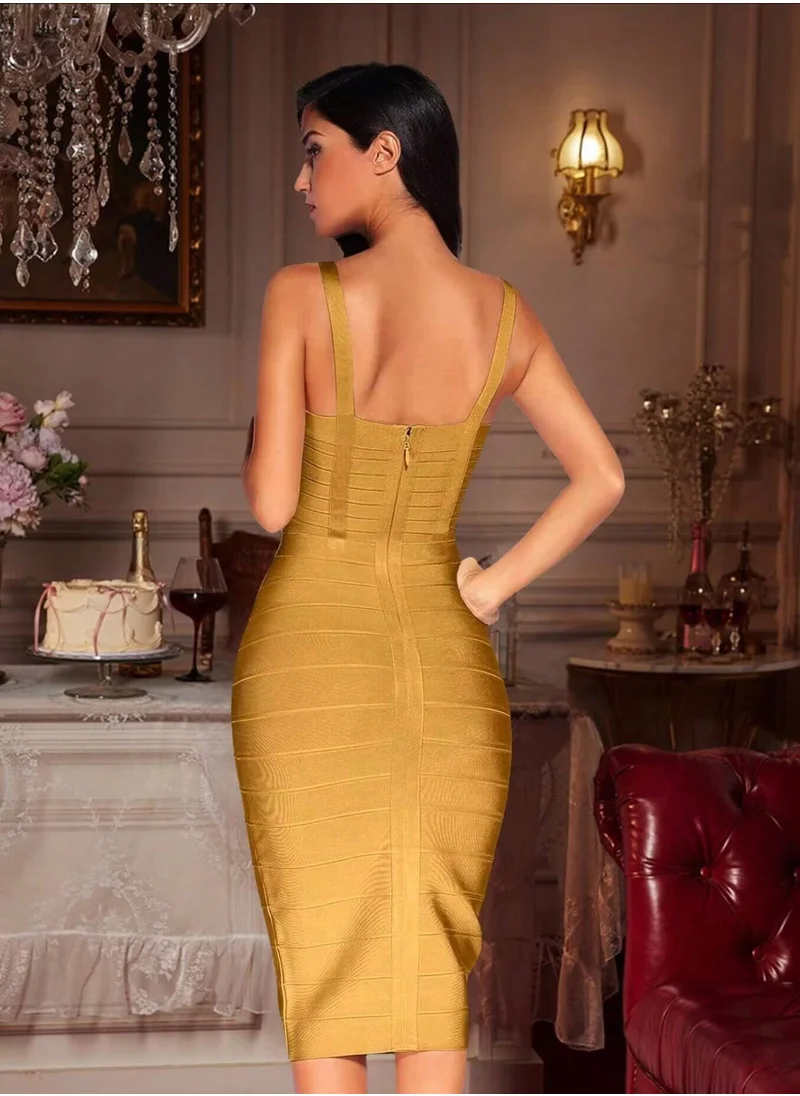 مدام يونيك Women's Solid Color Strap Wrap Hip Waist Bandage Midi Bodycon Gold Dress