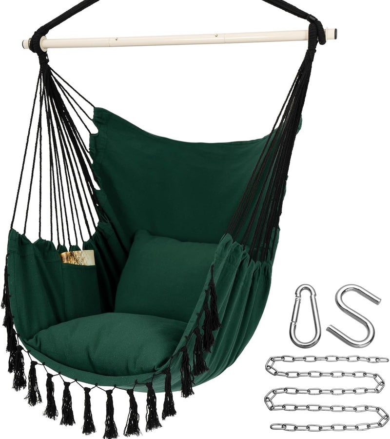 Y- STOP Hammock Chair Hanging Rope Swing, Max 500 Lbs, 2 Cushions Included, Large Macrame Hanging Chair with Pocket for Superior Comfort, with Hardware Kit, Green - Image 1