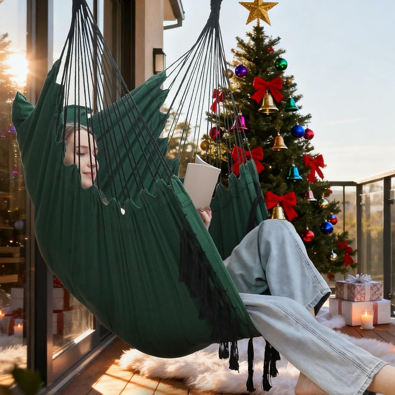 Y- STOP Hammock Chair Hanging Rope Swing, Max 500 Lbs, 2 Cushions Included, Large Macrame Hanging Chair with Pocket for Superior Comfort, with Hardware Kit, Green - Image 2