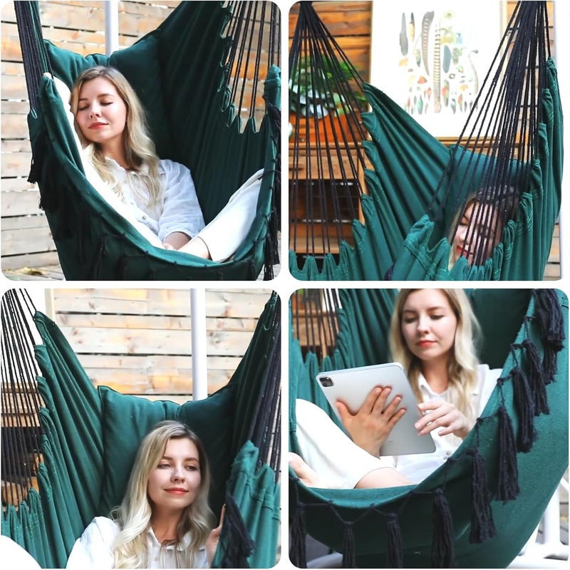 Y- STOP Hammock Chair Hanging Rope Swing, Max 500 Lbs, 2 Cushions Included, Large Macrame Hanging Chair with Pocket for Superior Comfort, with Hardware Kit, Green - Image 5