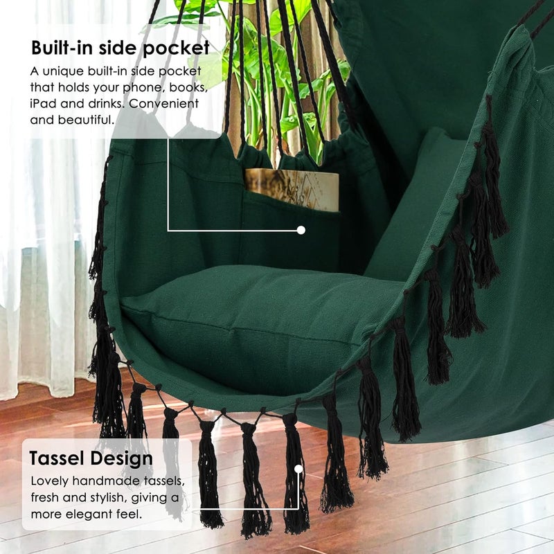 Y- STOP Hammock Chair Hanging Rope Swing, Max 500 Lbs, 2 Cushions Included, Large Macrame Hanging Chair with Pocket for Superior Comfort, with Hardware Kit, Green - Image 3