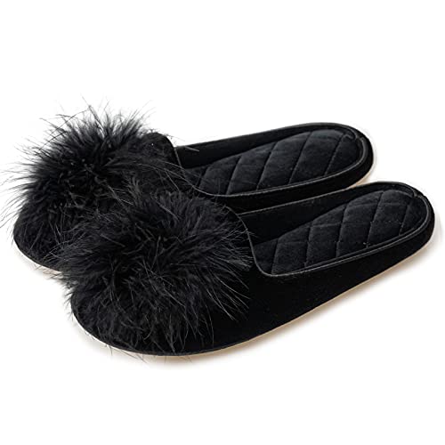 GRITHEIM Women's Fuzzy Pom Pom Feather Velvet House Slippers Sexy Cozy Bedroom Slippers for Ladies Non-slip Sole Indoor Outdoor Black 7-8 - Image 1