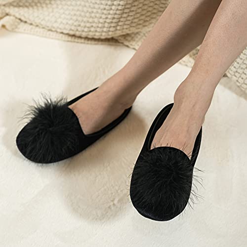 GRITHEIM Women's Fuzzy Pom Pom Feather Velvet House Slippers Sexy Cozy Bedroom Slippers for Ladies Non-slip Sole Indoor Outdoor Black 7-8 - Image 2