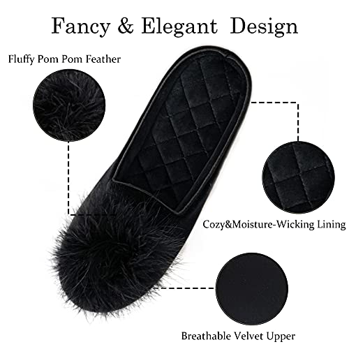 GRITHEIM Women's Fuzzy Pom Pom Feather Velvet House Slippers Sexy Cozy Bedroom Slippers for Ladies Non-slip Sole Indoor Outdoor Black 7-8 - Image 3