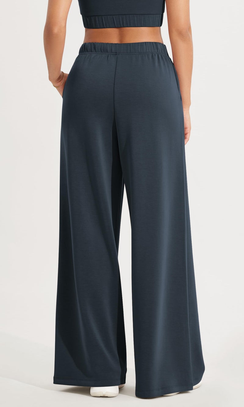 ODODOS Women's Modal Soft Extra Wide Leg Pants with Pockets Drawstring High Waist Pull-On Casual Pants, Navy, Small - Image 4