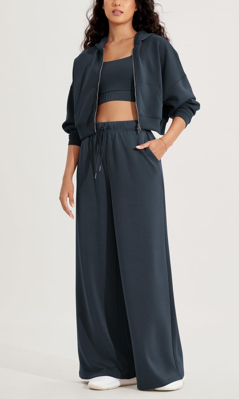 ODODOS Women's Modal Soft Extra Wide Leg Pants with Pockets Drawstring High Waist Pull-On Casual Pants, Navy, Small - Image 3