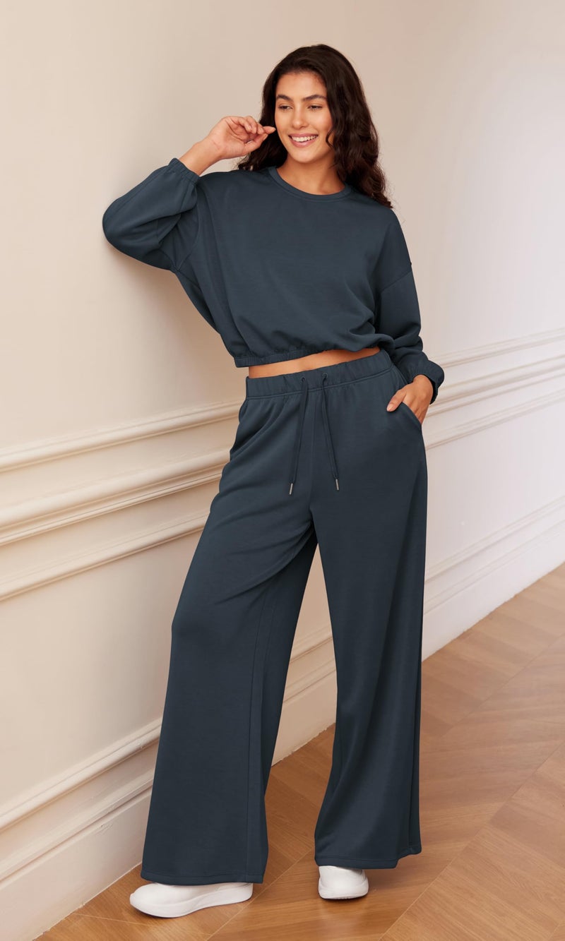 ODODOS Women's Modal Soft Extra Wide Leg Pants with Pockets Drawstring High Waist Pull-On Casual Pants, Navy, Small - Image 2