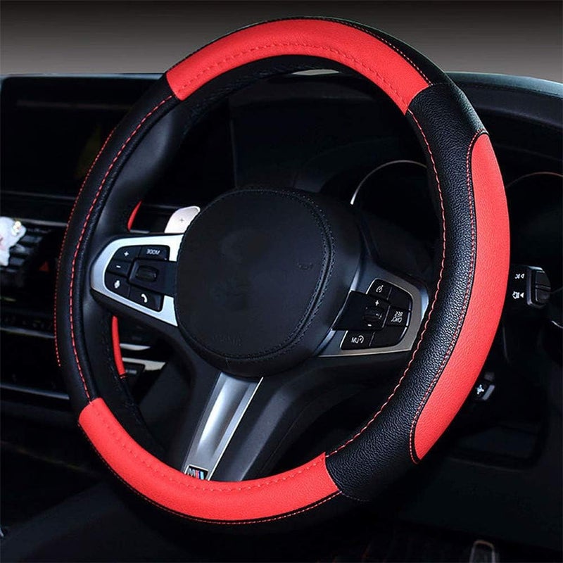 Coofig Durable PU Leather Steering Wheel Cover, Universal 38 cm, Breathable and Non-Slip Car Steering Wheel Cover, Car Steering Wheel Protector for Men and Women (Black Red-3) - Image 1