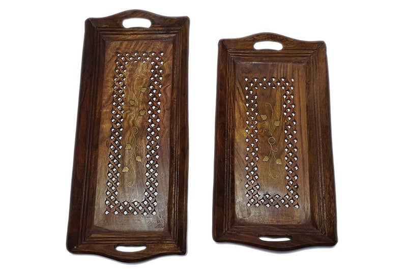 Giftoshopee Hand Carved Brass and Wooden Serving Tray Set of 2 Tea Coffee Snacks Water DecorativePlatter for HomeKitchenTable Decor Brown - Image 1