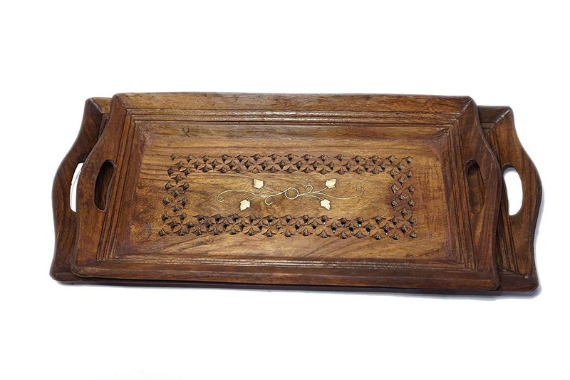 Giftoshopee Hand Carved Brass and Wooden Serving Tray Set of 2 Tea Coffee Snacks Water DecorativePlatter for HomeKitchenTable Decor Brown - Image 3