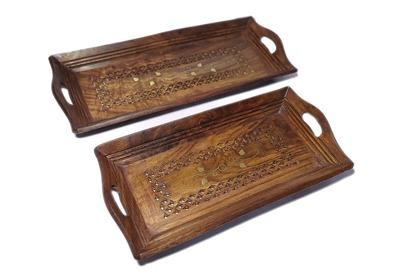 Giftoshopee Hand Carved Brass and Wooden Serving Tray Set of 2 Tea Coffee Snacks Water DecorativePlatter for HomeKitchenTable Decor Brown - Image 2