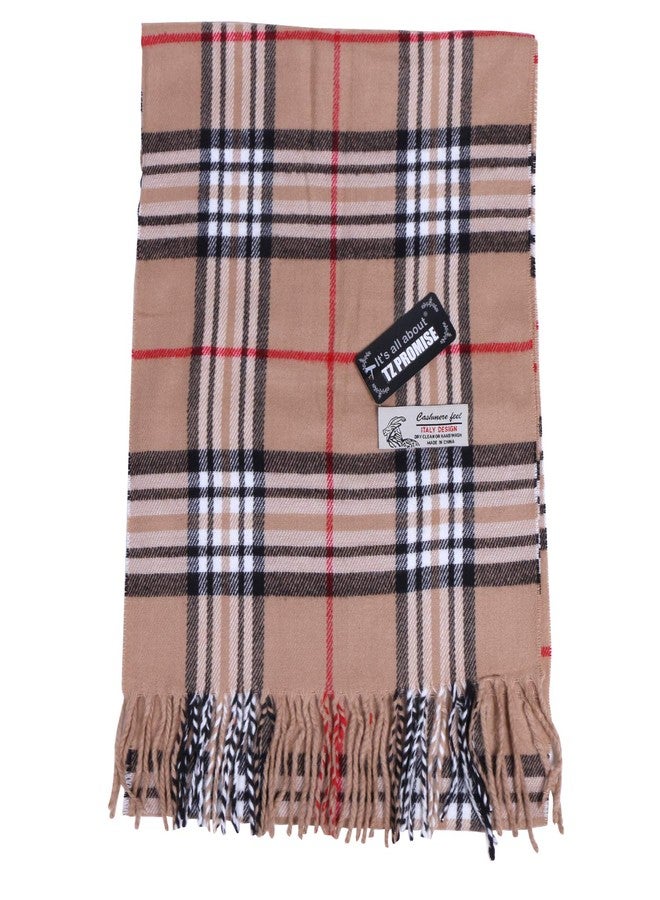 TZ Promise Plaid Cashmere Feel Classic Soft Luxurious Winter Scarf For Men Women (Tan) - Image 2