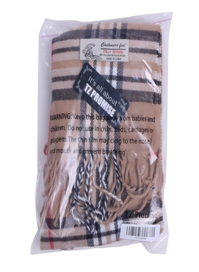TZ Promise Plaid Cashmere Feel Classic Soft Luxurious Winter Scarf For Men Women (Tan) - Image 3