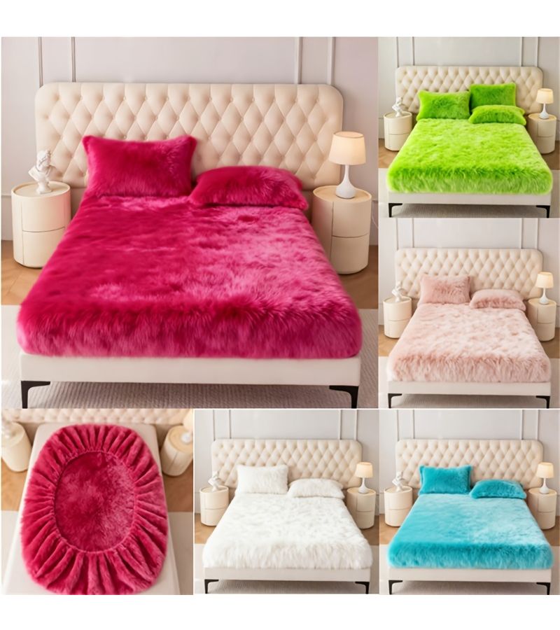 3pcs Queen Deep Sky Blue Fluffy Long Plush Fitted Sheet Set For Winter Warmth 1 Fitted Sheet And 2 Pillowcases 60 By 80 Inch Cloud Soft Touch - Image 1