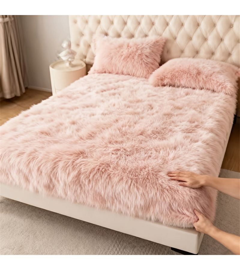 3pcs Queen Deep Sky Blue Fluffy Long Plush Fitted Sheet Set For Winter Warmth 1 Fitted Sheet And 2 Pillowcases 60 By 80 Inch Cloud Soft Touch - Image 2