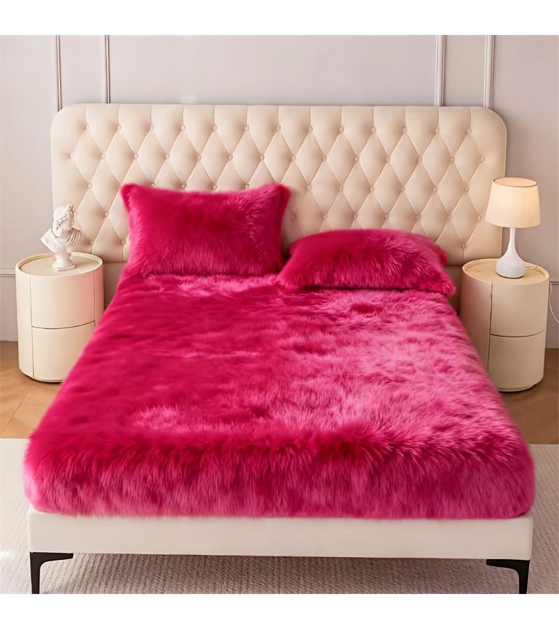 3pcs Queen Deep Sky Blue Fluffy Long Plush Fitted Sheet Set For Winter Warmth 1 Fitted Sheet And 2 Pillowcases 60 By 80 Inch Cloud Soft Touch - Image 4