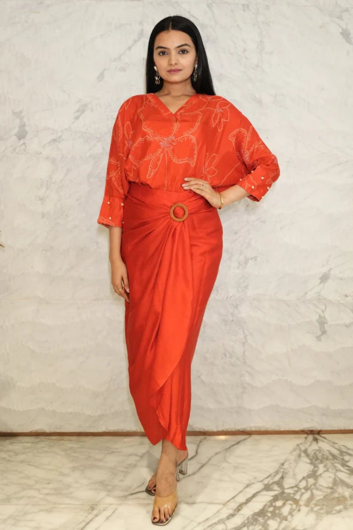 PRASHA Red Bandhani Printed Pure Muslin Batwing Loose Top with Red Modal Silk Wrap Round Skirt with Buckle - Image 1