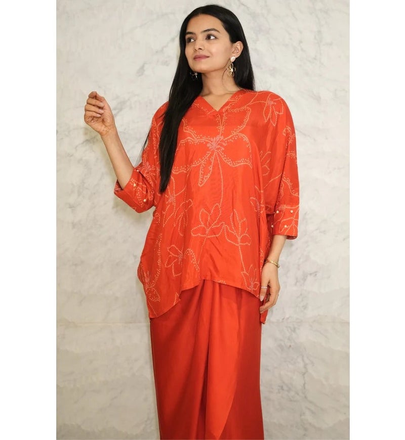 PRASHA Red Bandhani Printed Pure Muslin Batwing Loose Top with Red Modal Silk Wrap Round Skirt with Buckle - Image 2