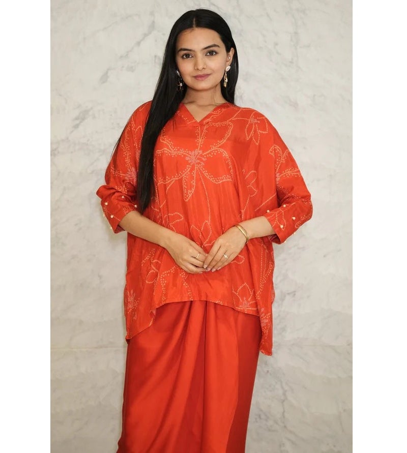 PRASHA Red Bandhani Printed Pure Muslin Batwing Loose Top with Red Modal Silk Wrap Round Skirt with Buckle - Image 3