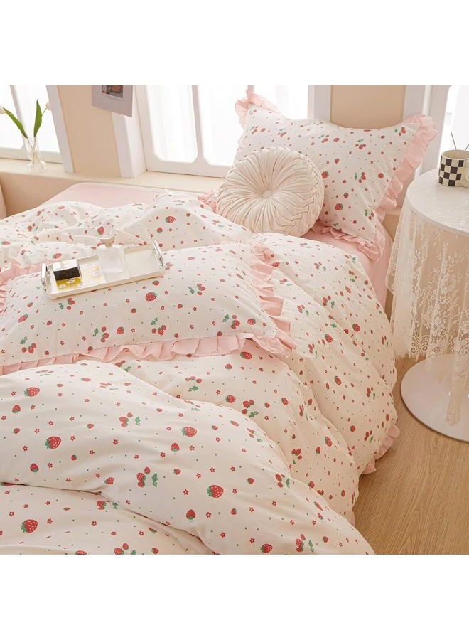 MKXI Strawberry Print Comforter Set - Pink and White Ruffled Bedding with Floral Accents, Soft Microfiber, 3-Piece Queen Size, Lightweight and Cozy for Kids, Teens, and Adults - Image 2