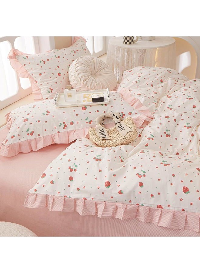 MKXI Strawberry Print Comforter Set - Pink and White Ruffled Bedding with Floral Accents, Soft Microfiber, 3-Piece Queen Size, Lightweight and Cozy for Kids, Teens, and Adults - Image 3
