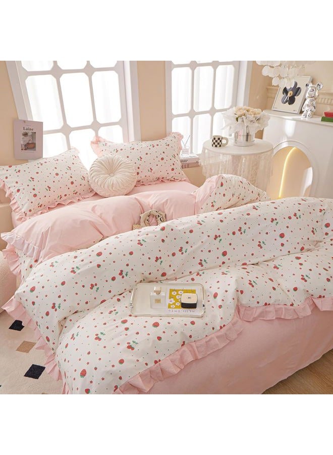 MKXI Strawberry Print Comforter Set - Pink and White Ruffled Bedding with Floral Accents, Soft Microfiber, 3-Piece Queen Size, Lightweight and Cozy for Kids, Teens, and Adults - Image 5