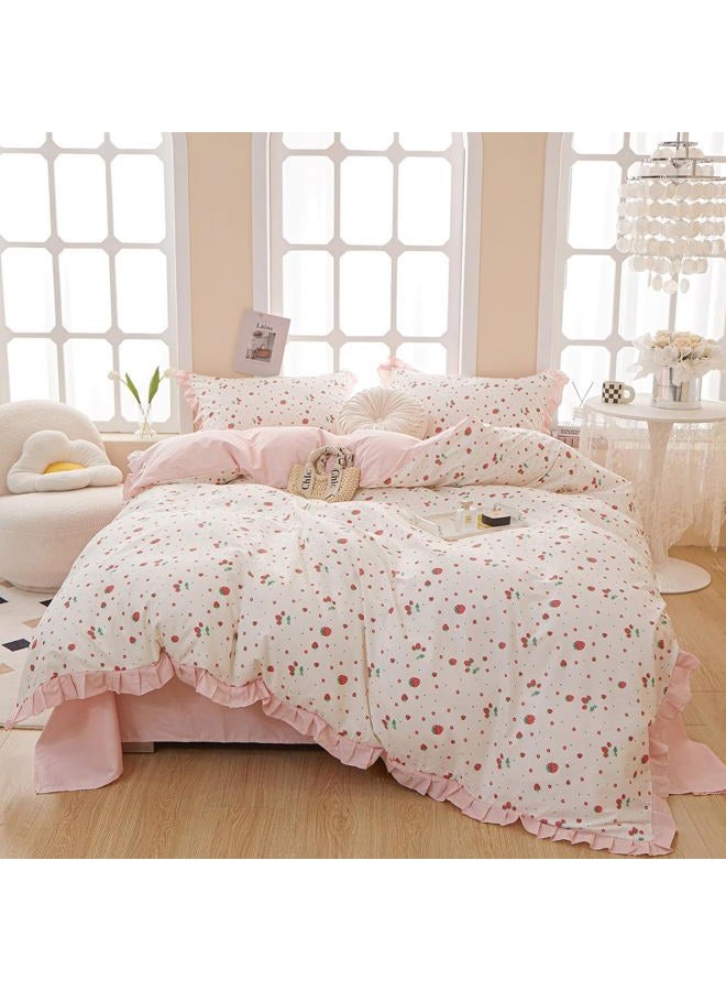 MKXI Strawberry Print Comforter Set - Pink and White Ruffled Bedding with Floral Accents, Soft Microfiber, 3-Piece Queen Size, Lightweight and Cozy for Kids, Teens, and Adults - Image 4