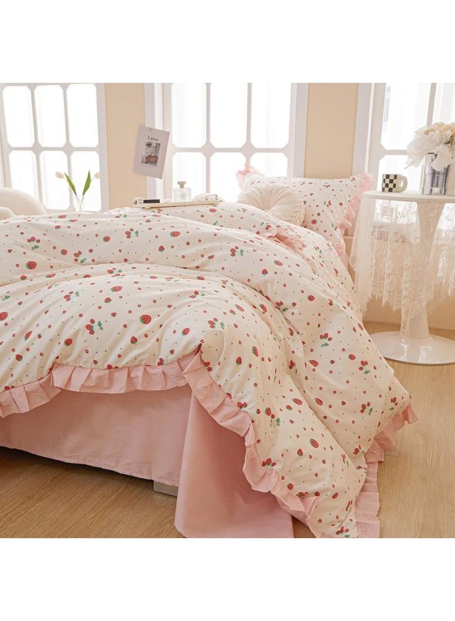 MKXI Strawberry Print Comforter Set - Pink and White Ruffled Bedding with Floral Accents, Soft Microfiber, 3-Piece Queen Size, Lightweight and Cozy for Kids, Teens, and Adults - Image 1