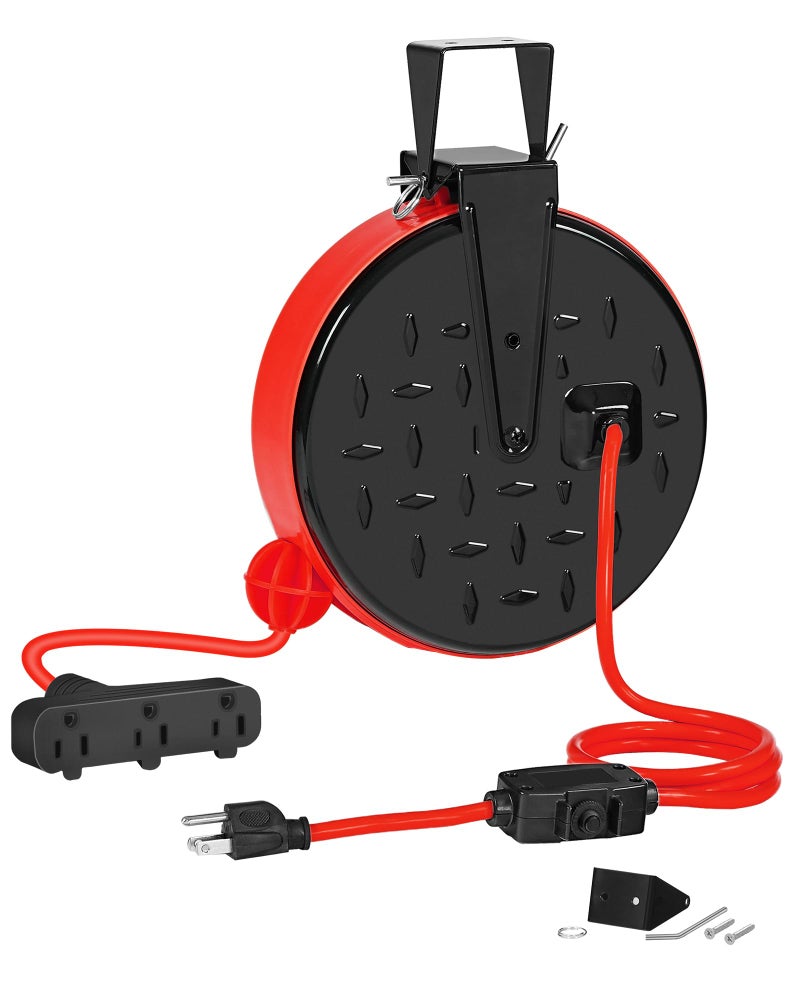WILAWELS 30 Ft Retractable Extension Cord Reel, 16/3 Gauge SJTW Power Cord with 3 Electrical Outlets Pigtail for Garage and Shop, 10 Amp Circuit Breaker, Metal Plate, UL Listed, Red R30CR06 - Image 1