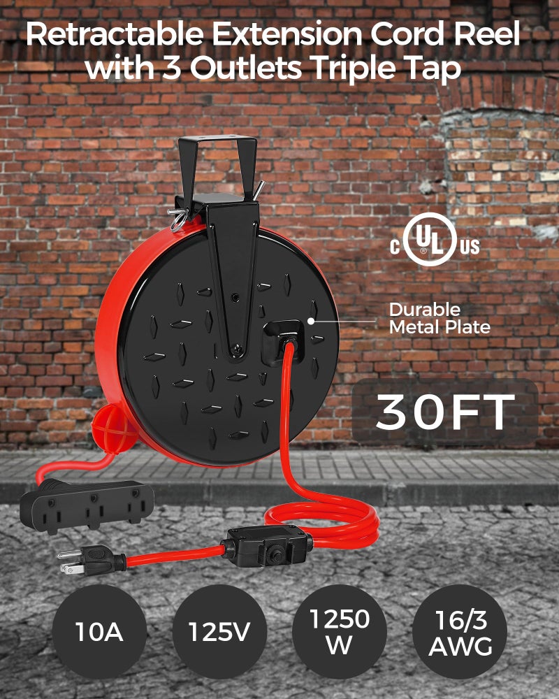 WILAWELS 30 Ft Retractable Extension Cord Reel, 16/3 Gauge SJTW Power Cord with 3 Electrical Outlets Pigtail for Garage and Shop, 10 Amp Circuit Breaker, Metal Plate, UL Listed, Red R30CR06 - Image 5