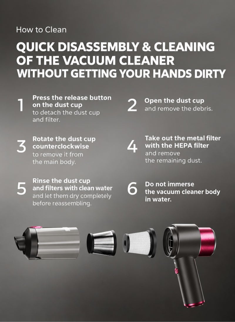 ARNOTEC Handheld Car Vacuum Cleaner Cordless, 7500Pa High Power Portable Mini Vacuum & Air Duster 4-in-1 with LED Light, Dual Filtration, Type-C Rechargeable Battery for Car, Home, Office - Image 4