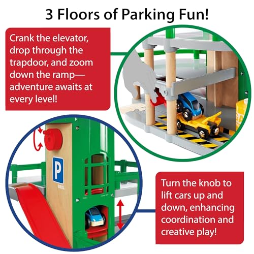 BRIO World Parking Garage - 7-Piece Wooden Toy Garage with 2 Cars, 1 Transporter Wagon, and Wooden Ramp Tracks - Works with All BRIO Train Sets - FSC-Certified - Sparks Creativity & Fun - Ages 3 & Up - Image 3